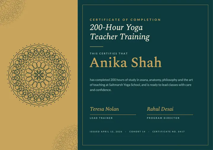 Gold mandala yoga teacher certificate template