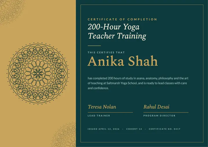 Gold mandala yoga teacher certificate template