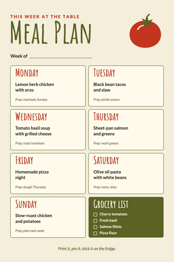 Olive and tomato weekly meal plan template