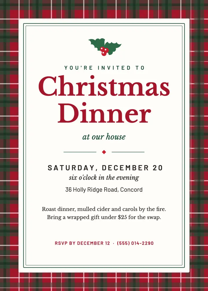 Classic tartan Christmas dinner invitation template