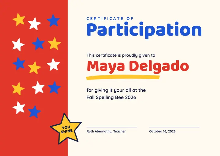 Star sticker chart participation certificate template