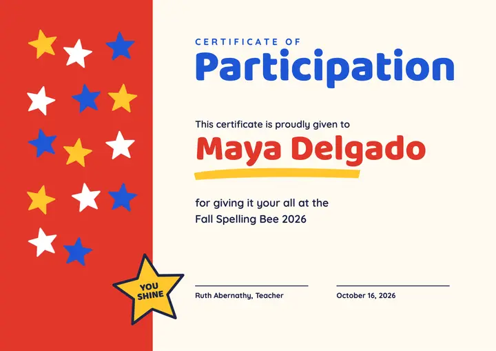 Star sticker chart participation certificate template