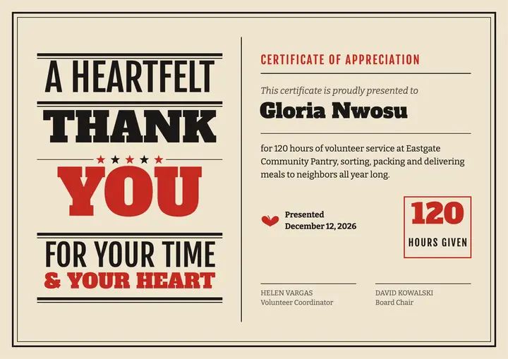 Wood type volunteer thank-you certificate template