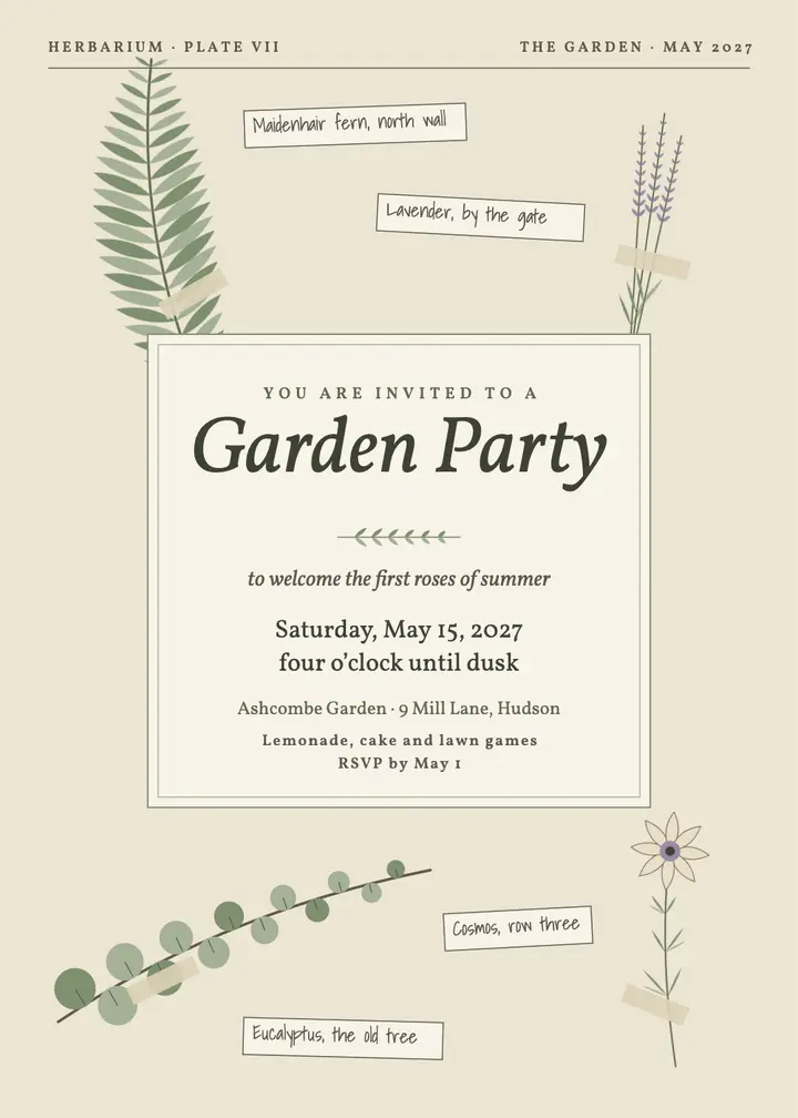 Herbarium garden party invitation template