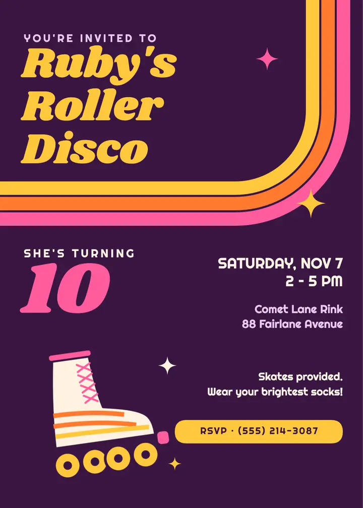 70s rink roller disco birthday invitation template