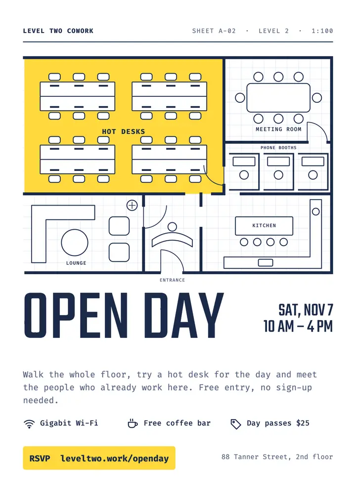 Floor plan coworking open day flyer template