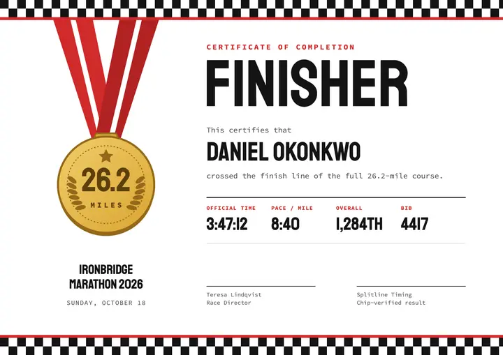 Medal and finish line marathon finisher certificate template