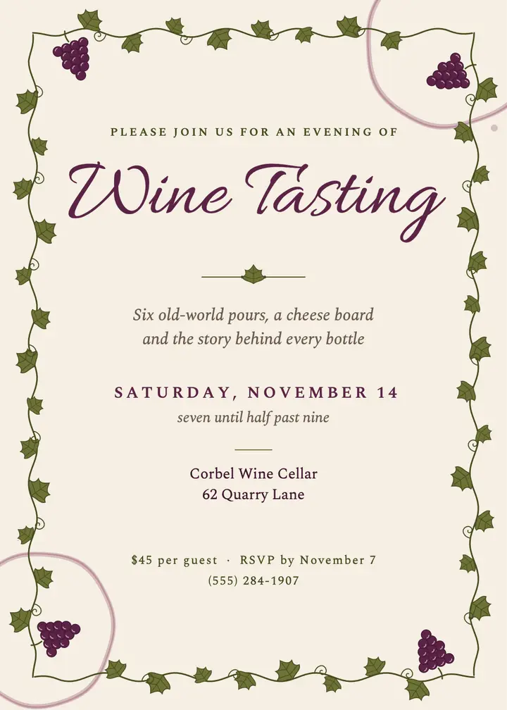 Grapevine wine tasting invitation template