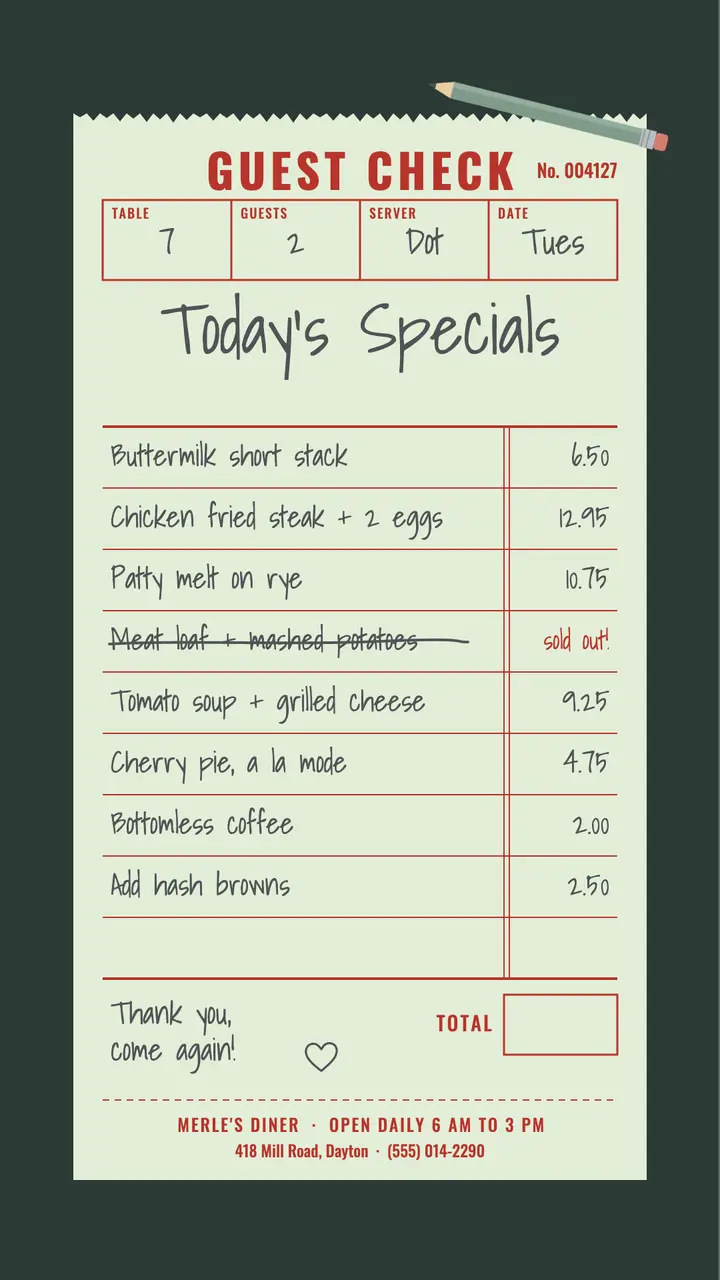 Diner order ticket daily specials story template