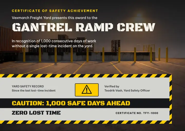1,000 safe days certificate, hazard stripe template