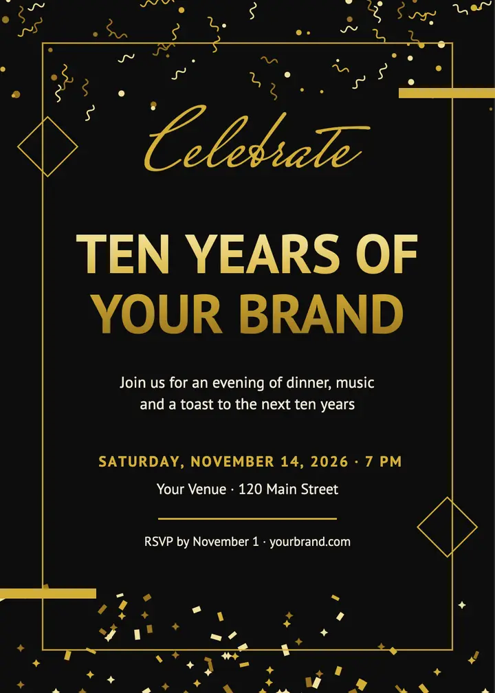10th anniversary black and gold invitation template
