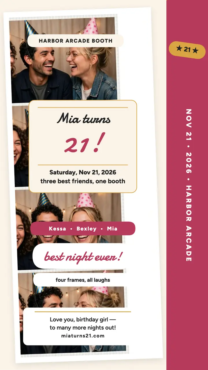 Mia's 21st photo booth strip story template