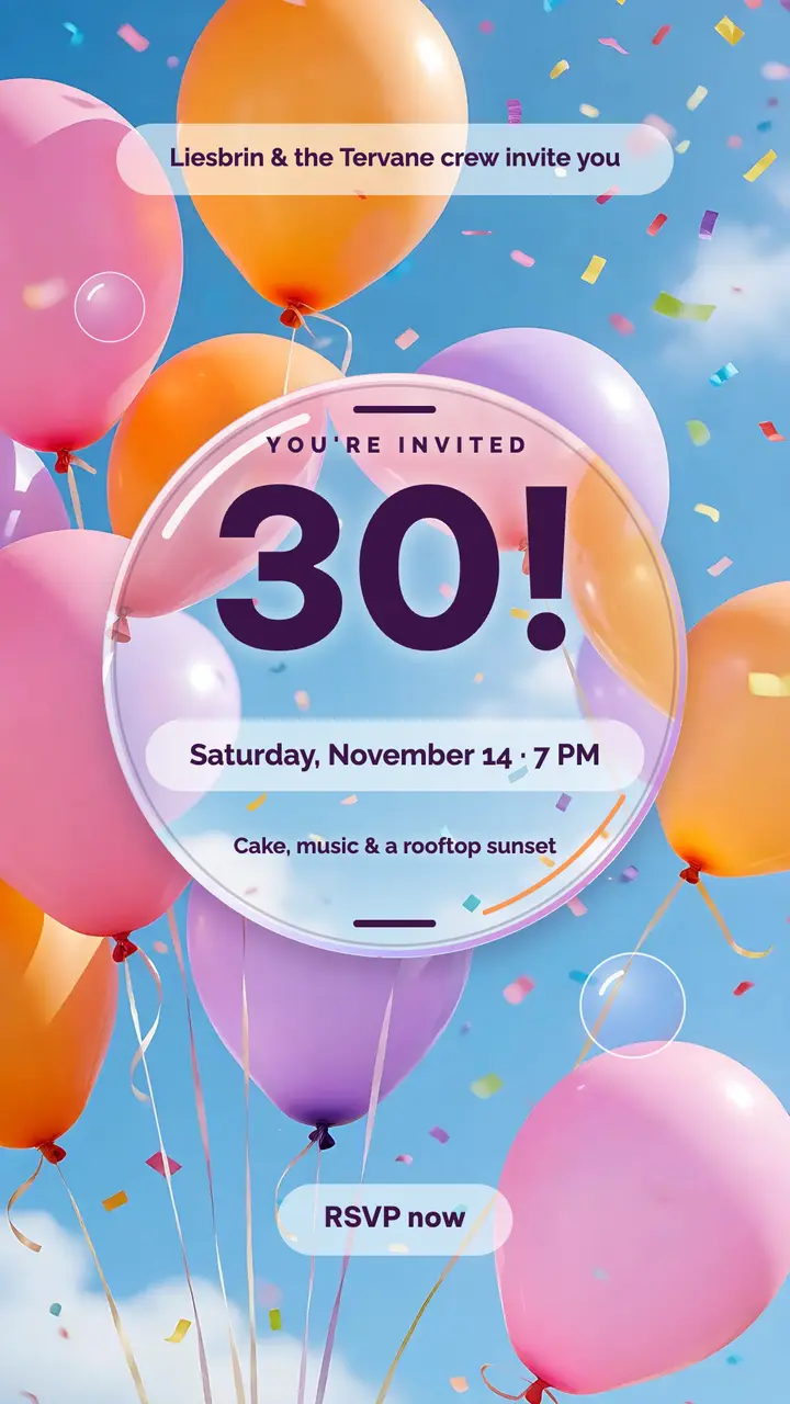 30th birthday rooftop party liquid glass story: 30th birthday invitation story template