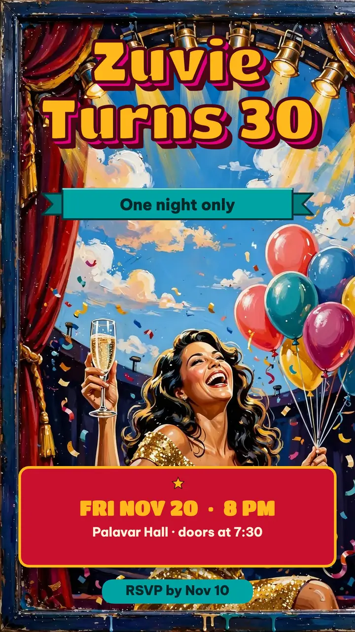 30th birthday film premiere invitation story, Zuvie turns 30 template