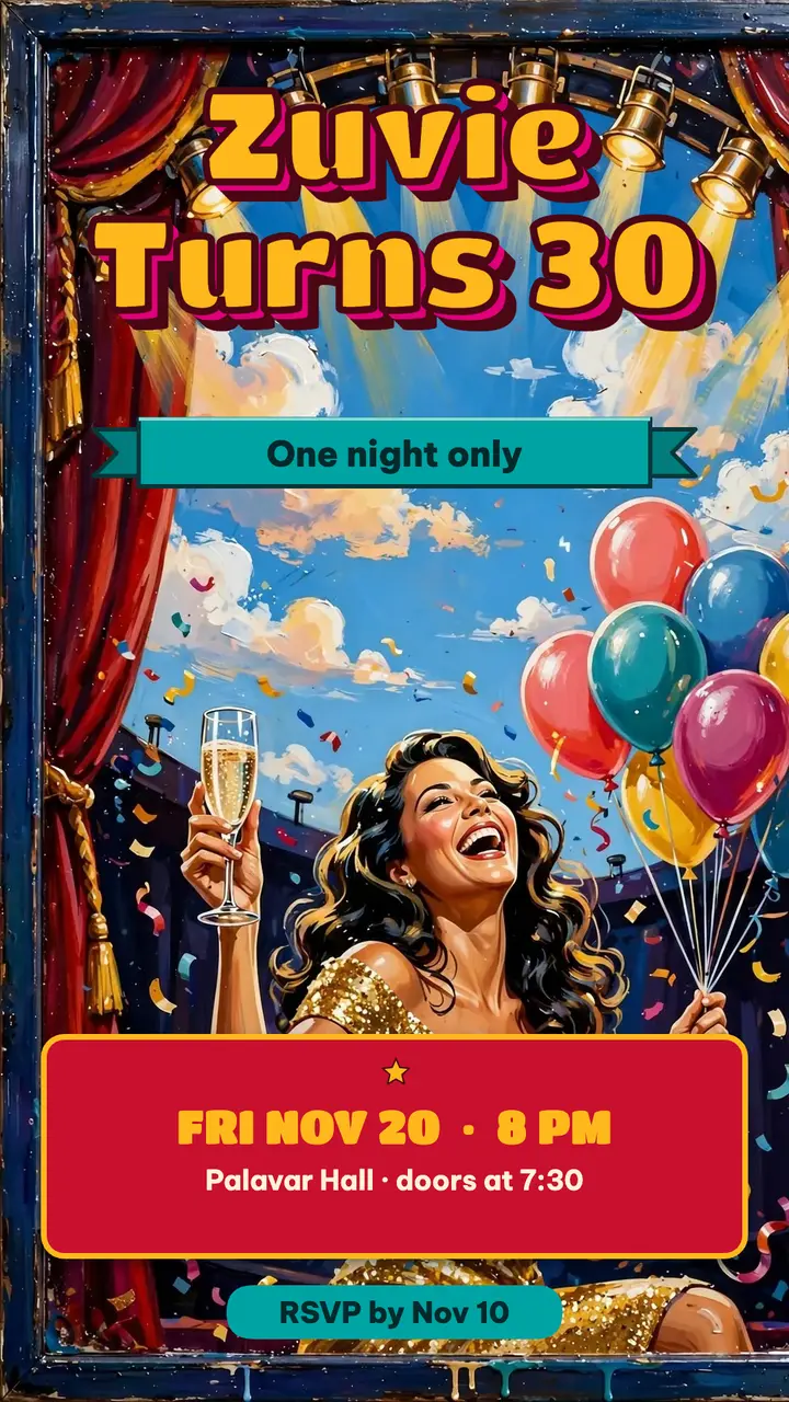 30th birthday film premiere invitation story, Zuvie turns 30 template