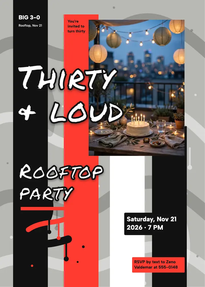 Thirty and loud rooftop birthday invitation template