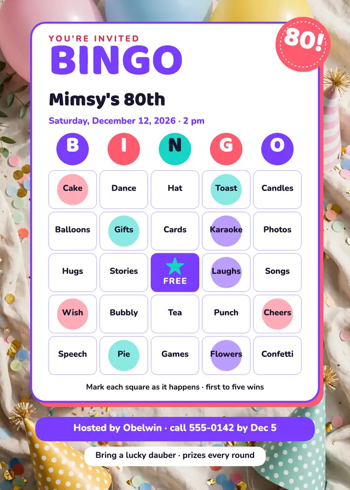 Mimsy's 80th birthday bingo party invitation template