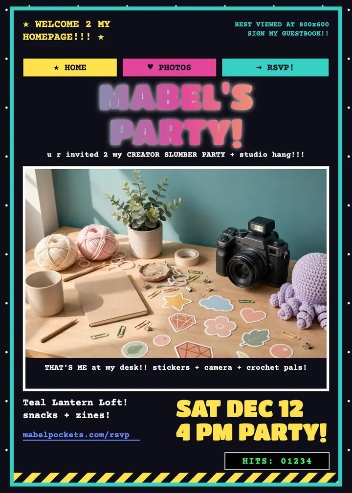 Mabel Pockets homepage party invite: homepage party invite template