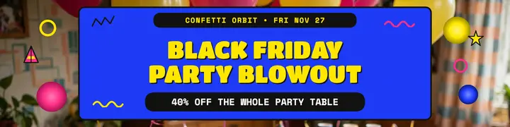 Confetti Orbit Black Friday party banner: black friday party sale banner template