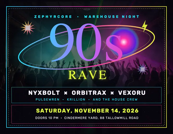 Zephyrcore 90s throwback warehouse rave flyer: 90s rave flyer template