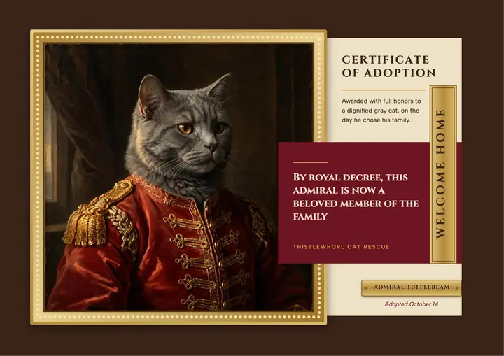Admiral cat adoption certificate, royal portrait template