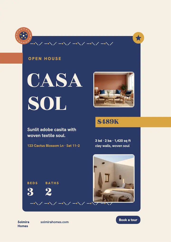 Casa Sol adobe casita flyer: casita open house flyer template