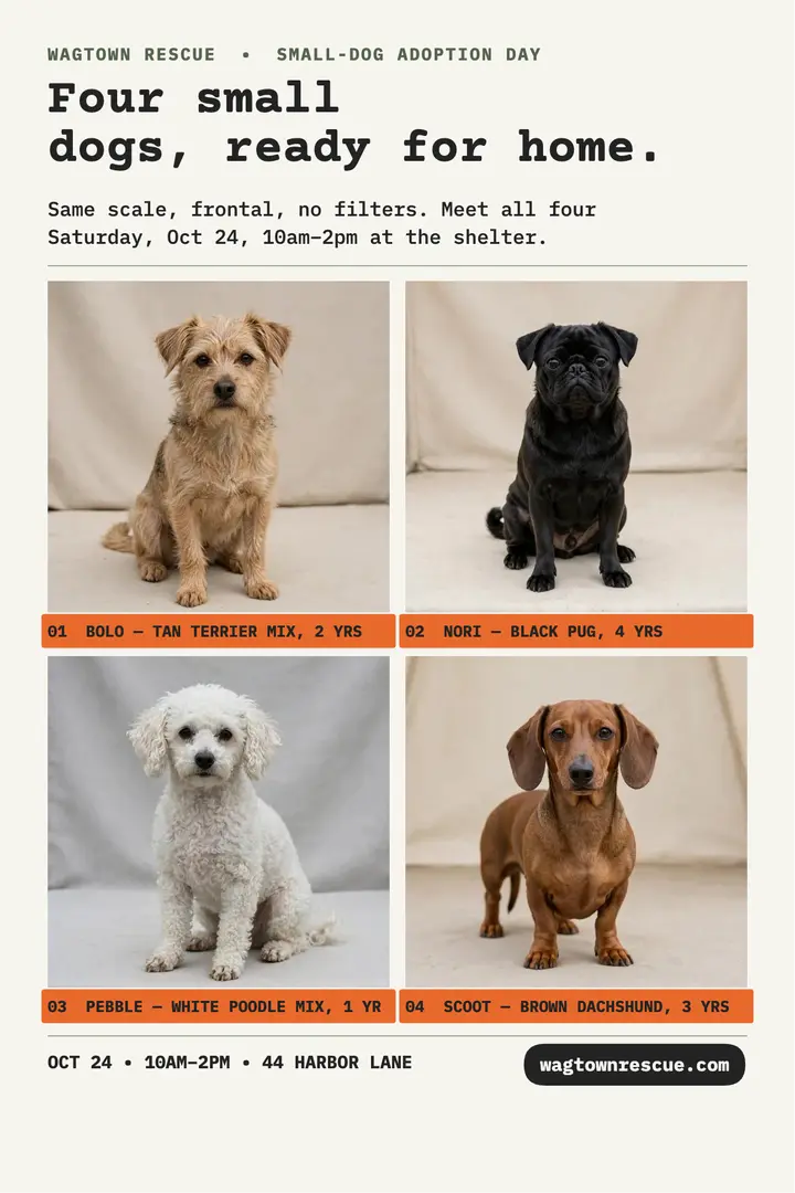 Wagtown four small dogs typology poster: adoptable dogs poster template