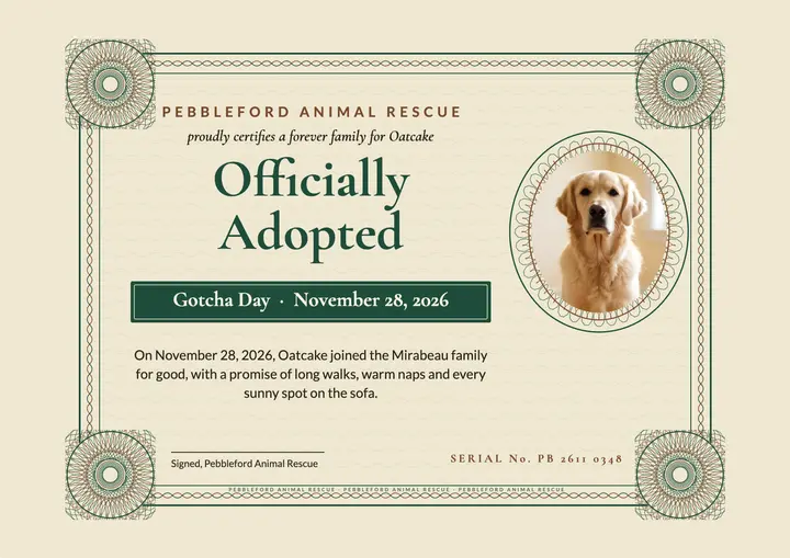 Pebbleford Animal Rescue adoption certificate template