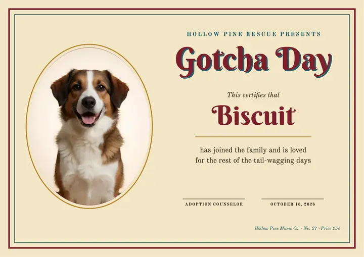 Hollow Pine Gotcha Day certificate template