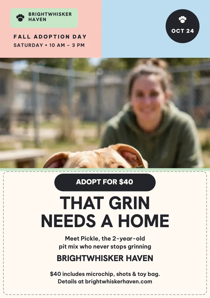 Fall adoption day pastel flyer with grinning pit mix template