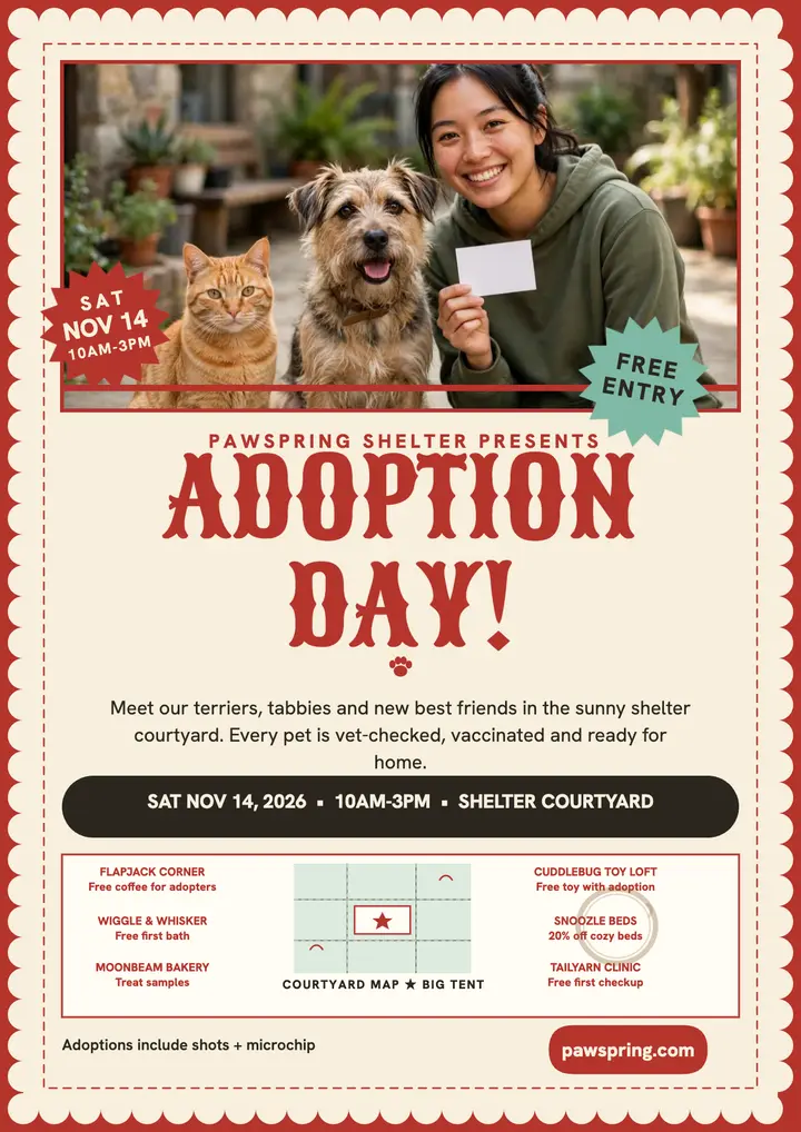 Pawspring Shelter adoption day placemat flyer: pet adoption day flyer template