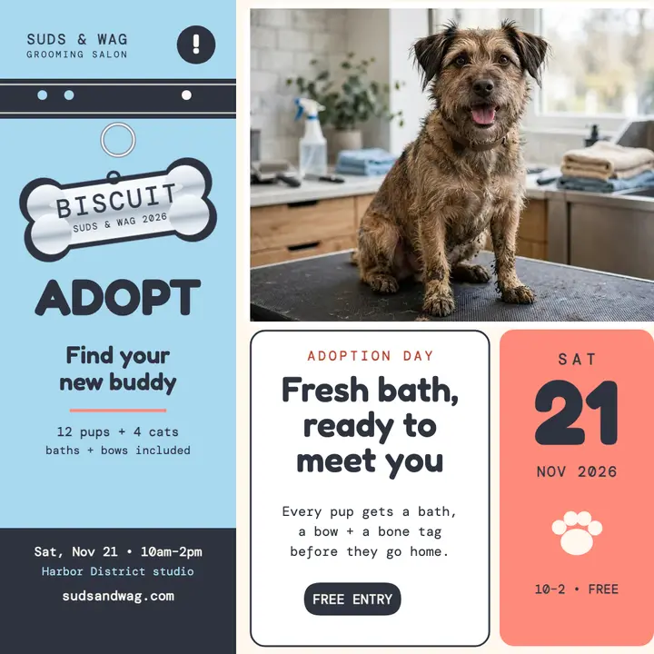Suds and Wag adoption day tag post template