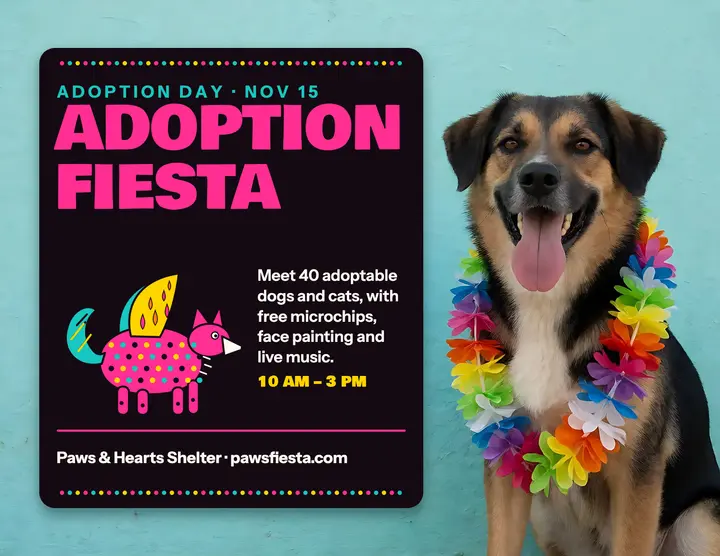 Paws and Hearts adoption fiesta: pet adoption day flyer template