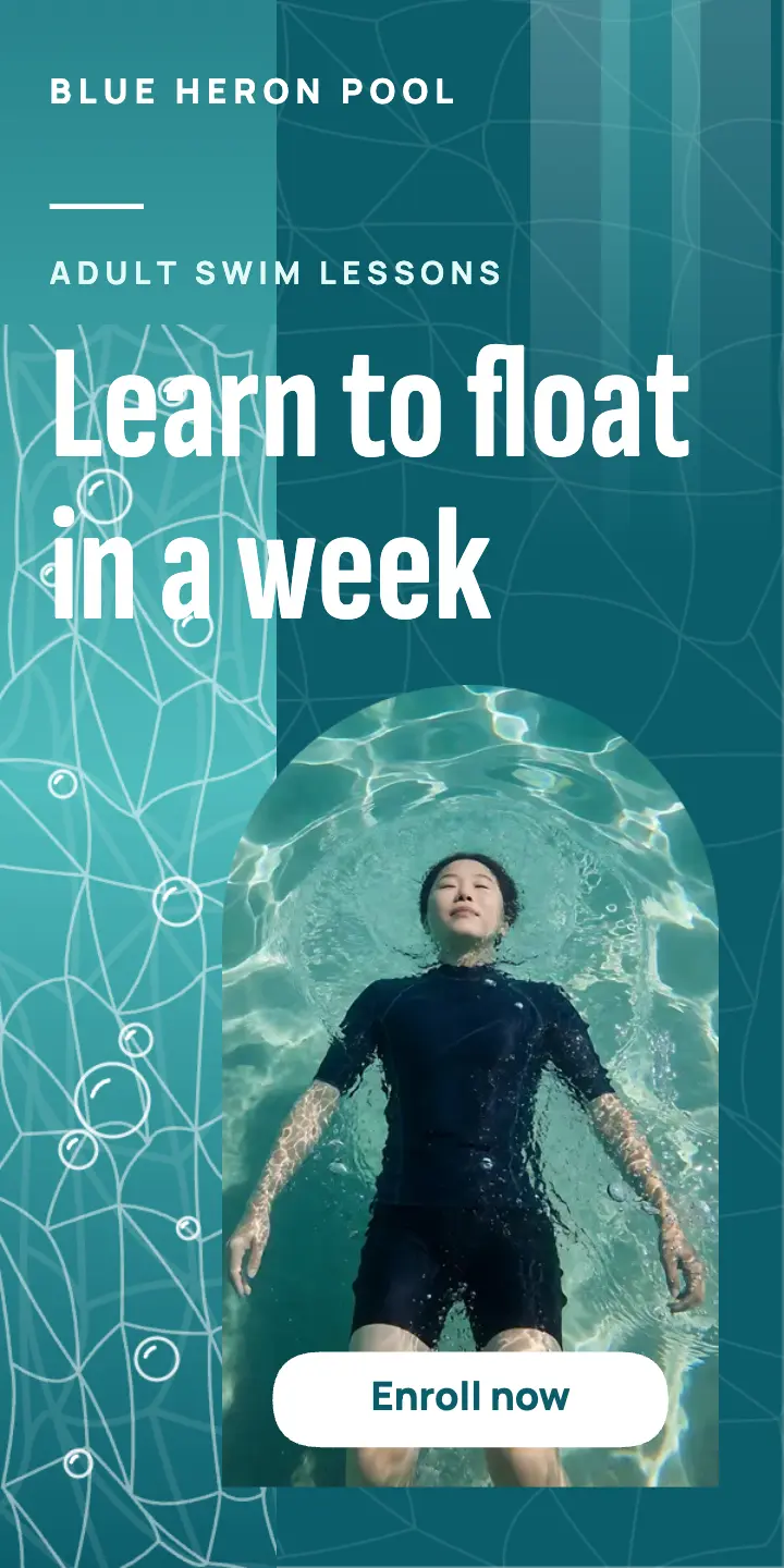 Blue Heron Pool adult swim lessons half-page ad: swim lessons ad template