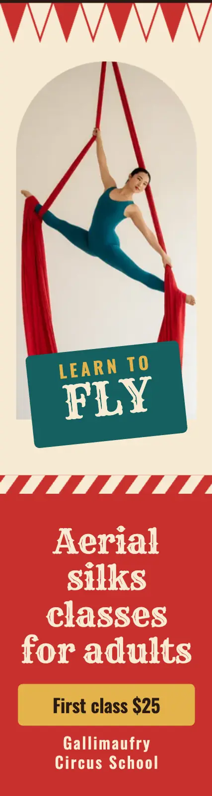 Gallimaufry aerial silks skyscraper ad, vintage circus template