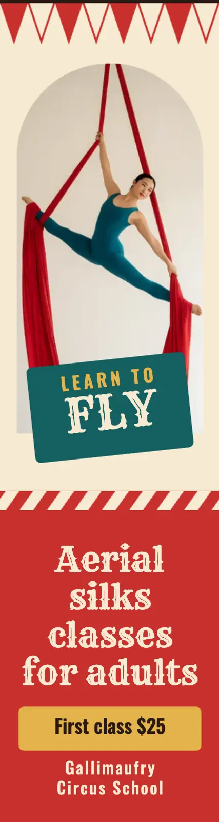Gallimaufry aerial silks skyscraper ad, vintage circus template