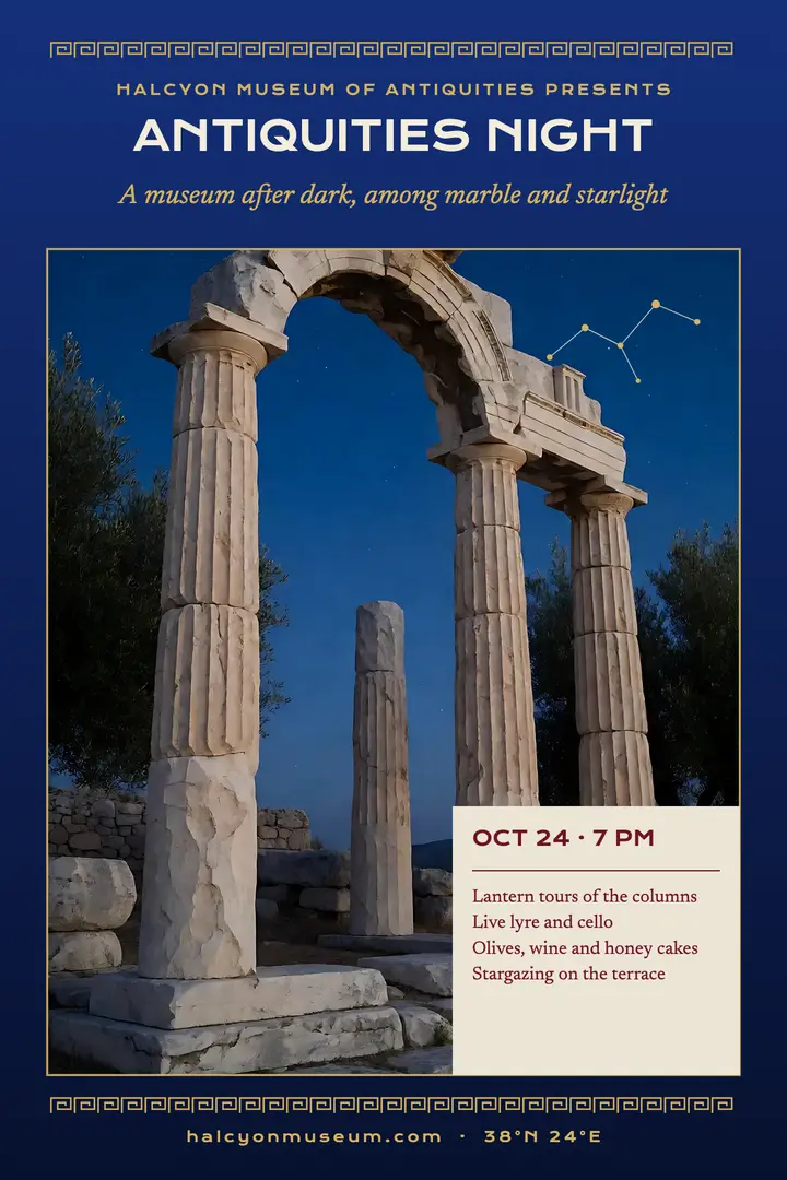 Halcyon Museum antiquities night poster template