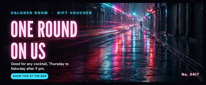 Halogen Room cocktail bar voucher, neon noir: cocktail bar gift voucher template