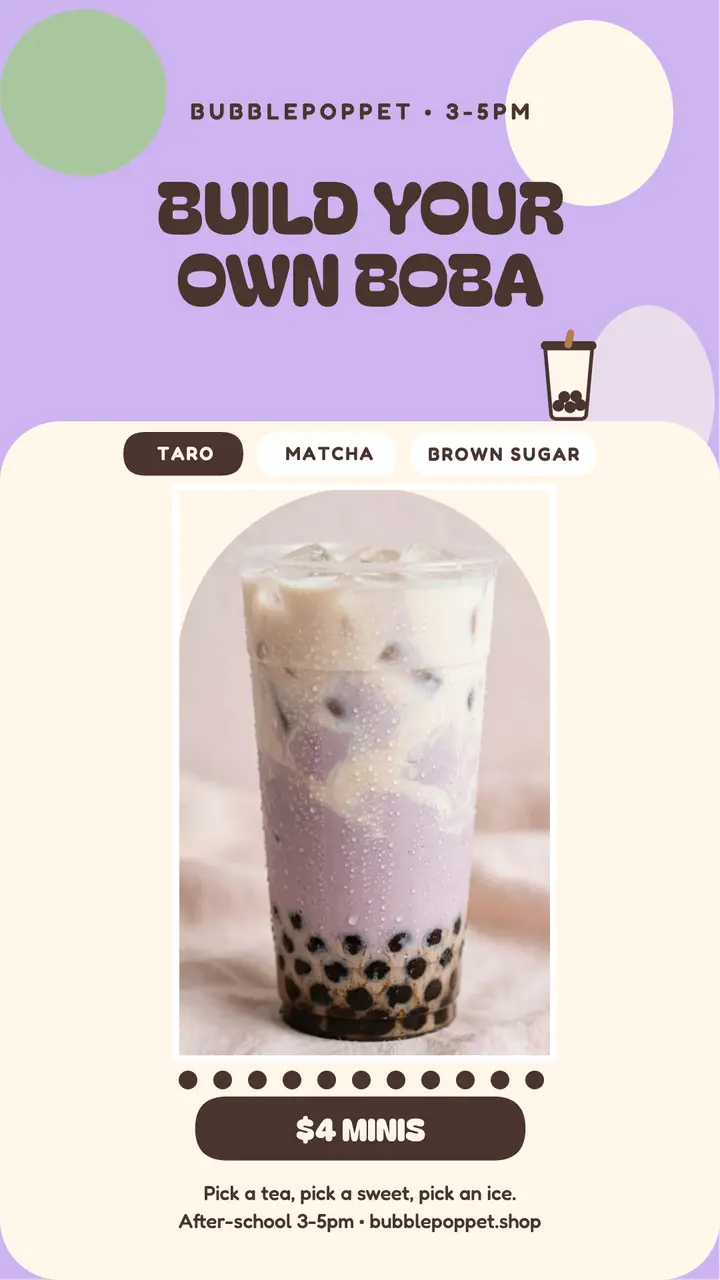 Bubblepoppet after-school boba story: boba drink builder story template