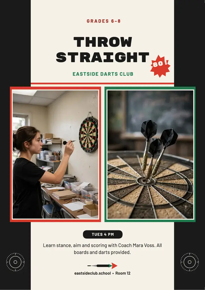 Eastside after-school darts club flyer template