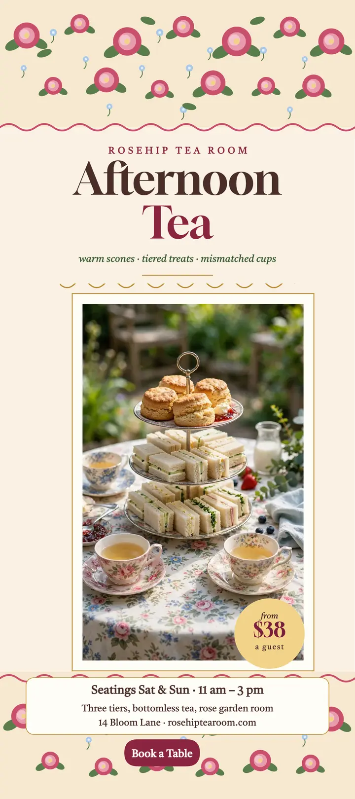 Rosehip Tea Room afternoon tea rack card template