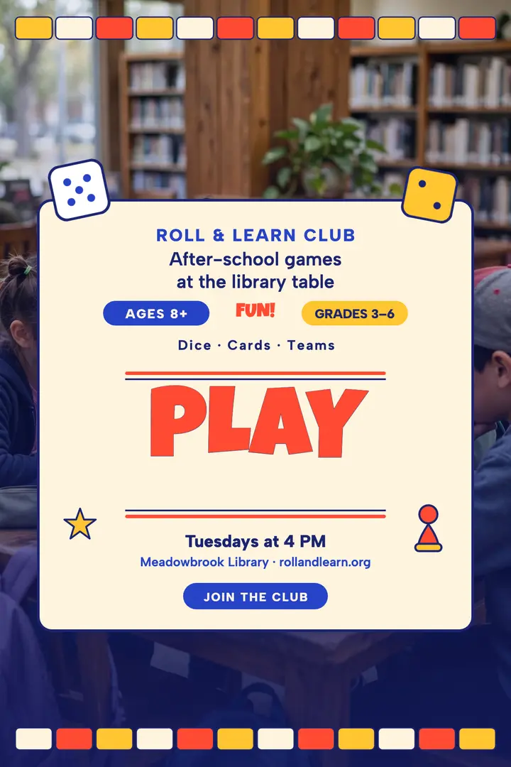 Roll and Learn board game club poster template
