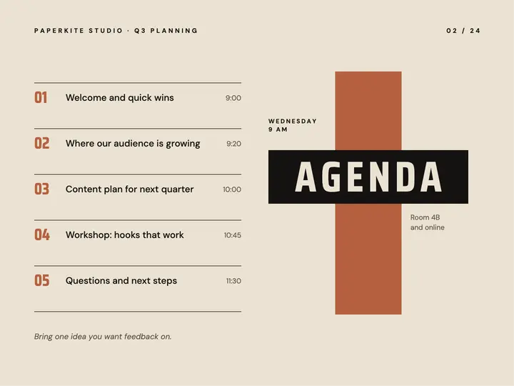 Agenda slide in black and beige template