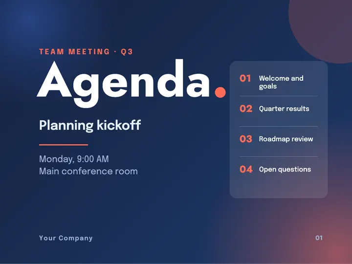 Agenda slide in navy and coral template