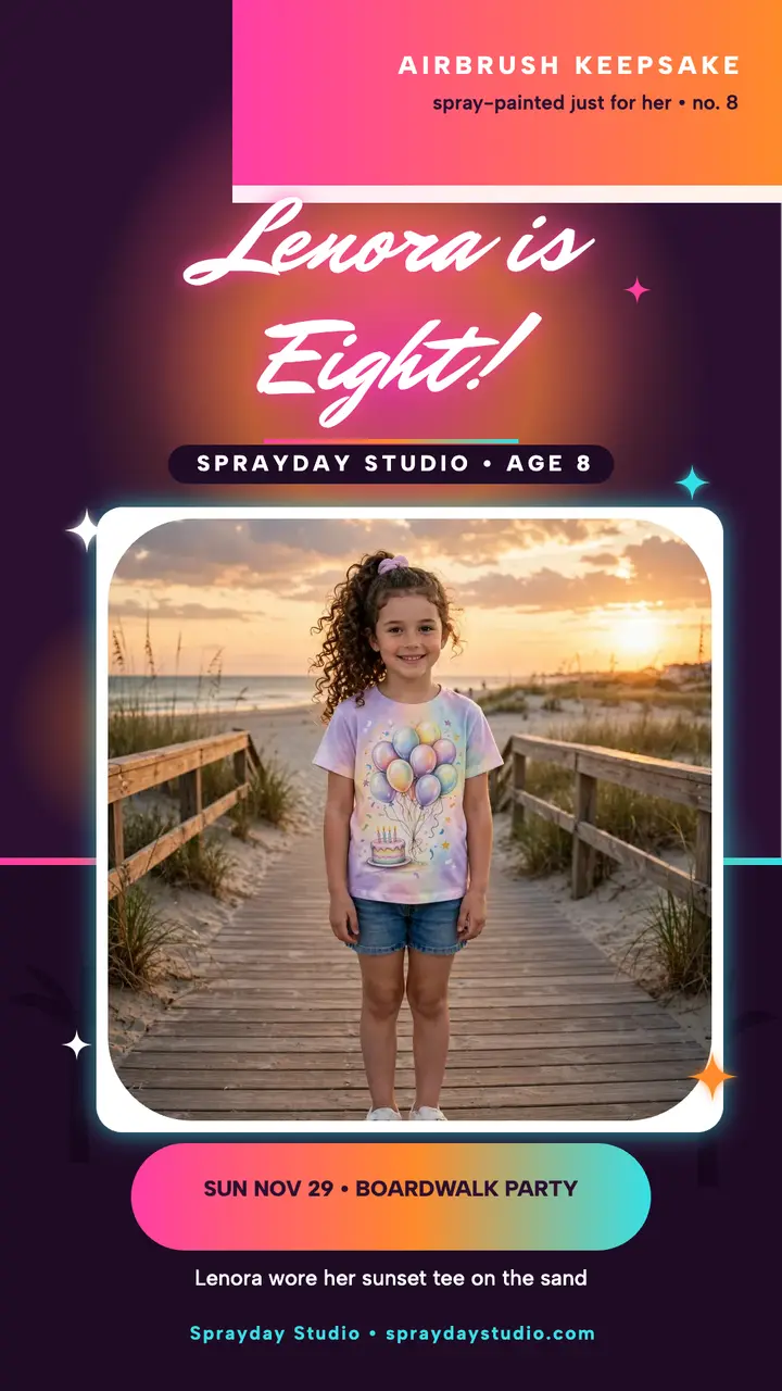 Lenora airbrush birthday tee story: birthday t-shirt story template
