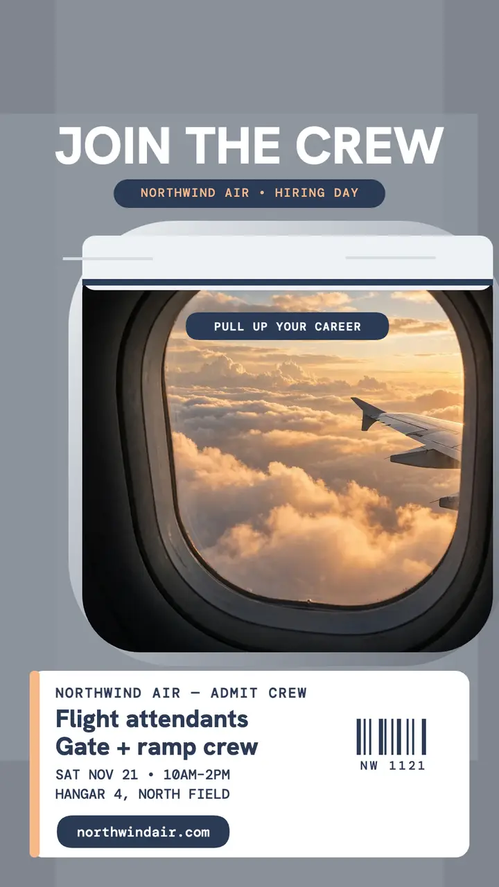 Northwind Air cabin crew window hiring story: airline hiring story template
