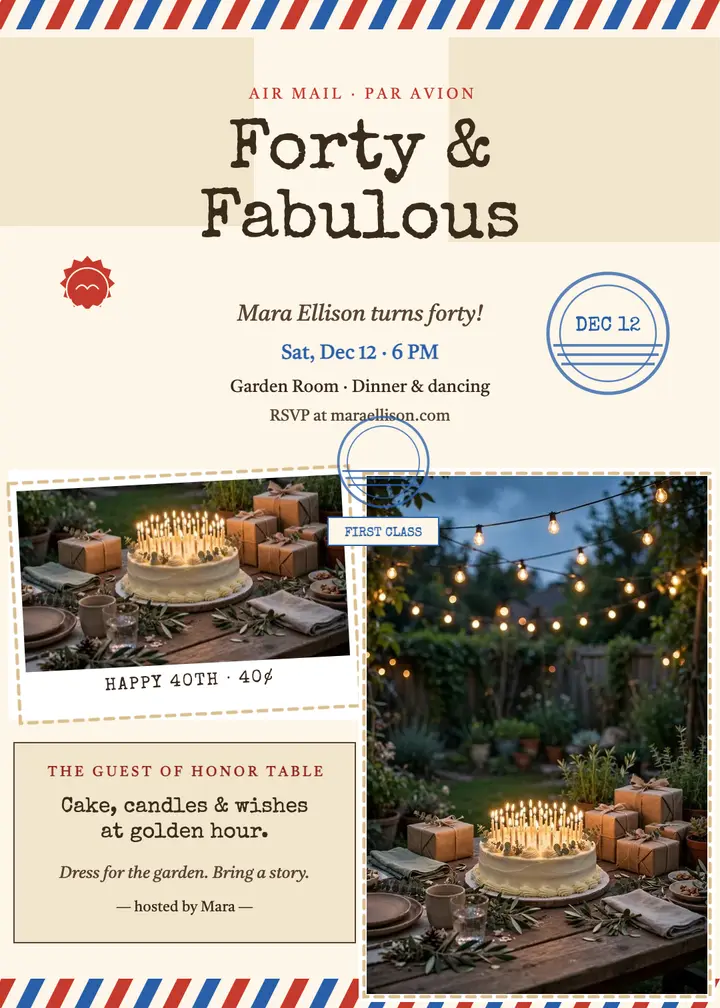 Mara's fortieth airmail birthday invitation template