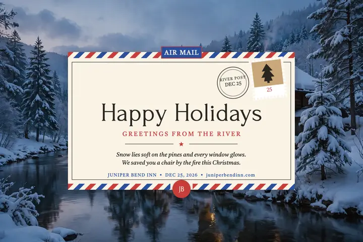 Juniper Bend Inn holiday airmail postcard template