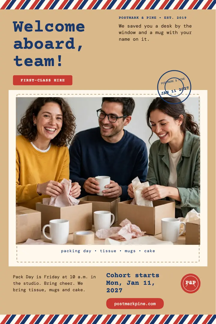 Postmark and Pine welcome aboard poster: welcome aboard poster template