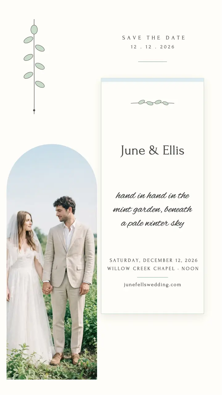 June and Ellis mint garden save-the-date story template